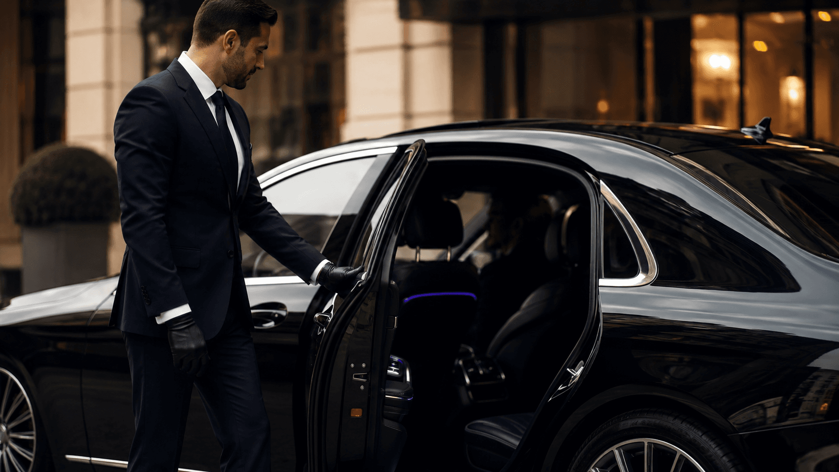 A chauffeur opening the car door at a hotel entrance at dusk