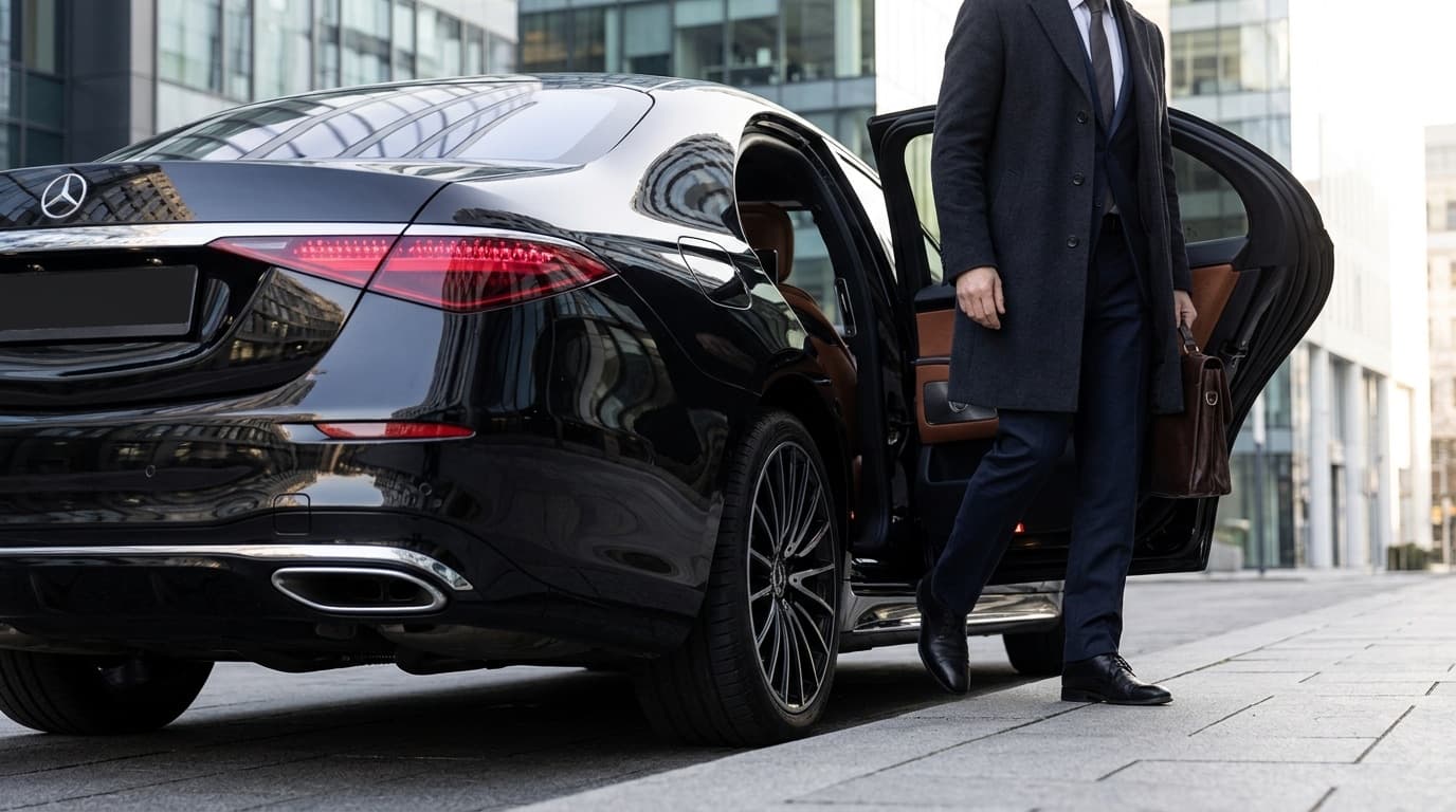 A business traveller stepping out of a chauffeured Mercedes S-Class