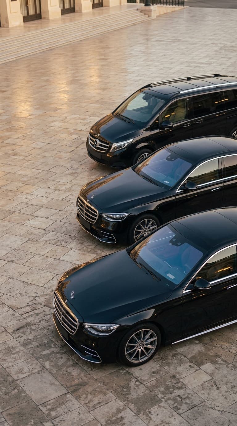 Overhead view of the ID Limousine fleet, S-Class and V-Class lined up in a palace courtyard