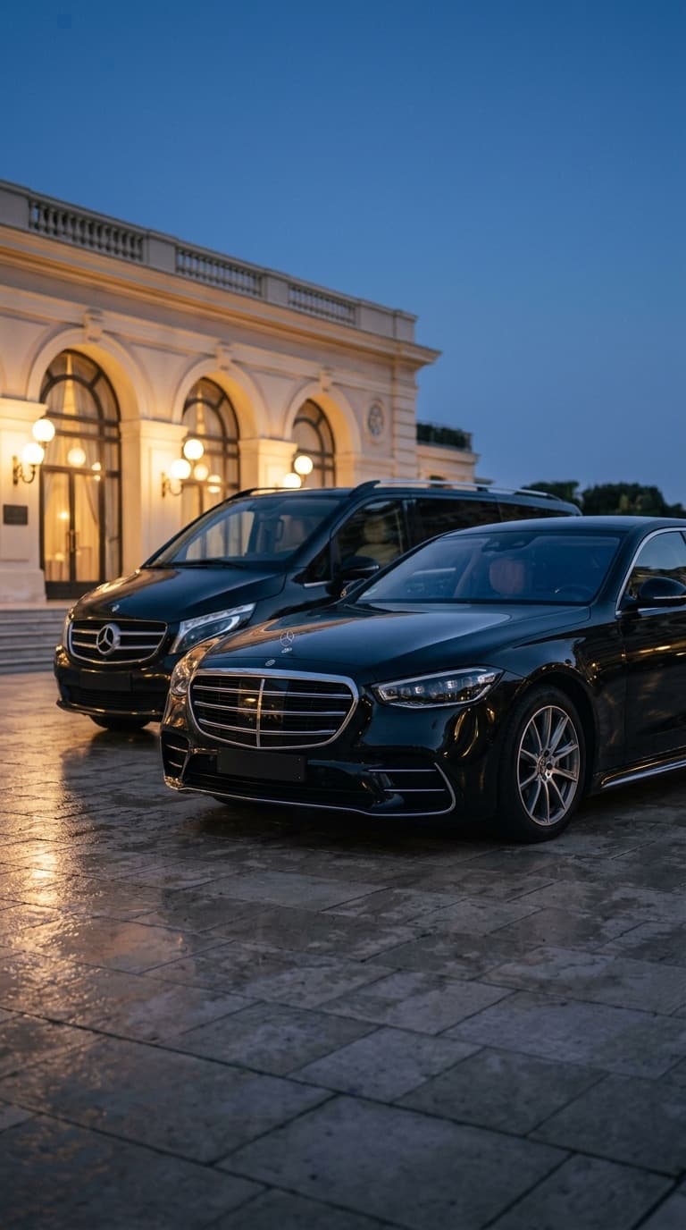 ID Limousine fleet, S-Class and V-Class outside a palace hotel at dusk
