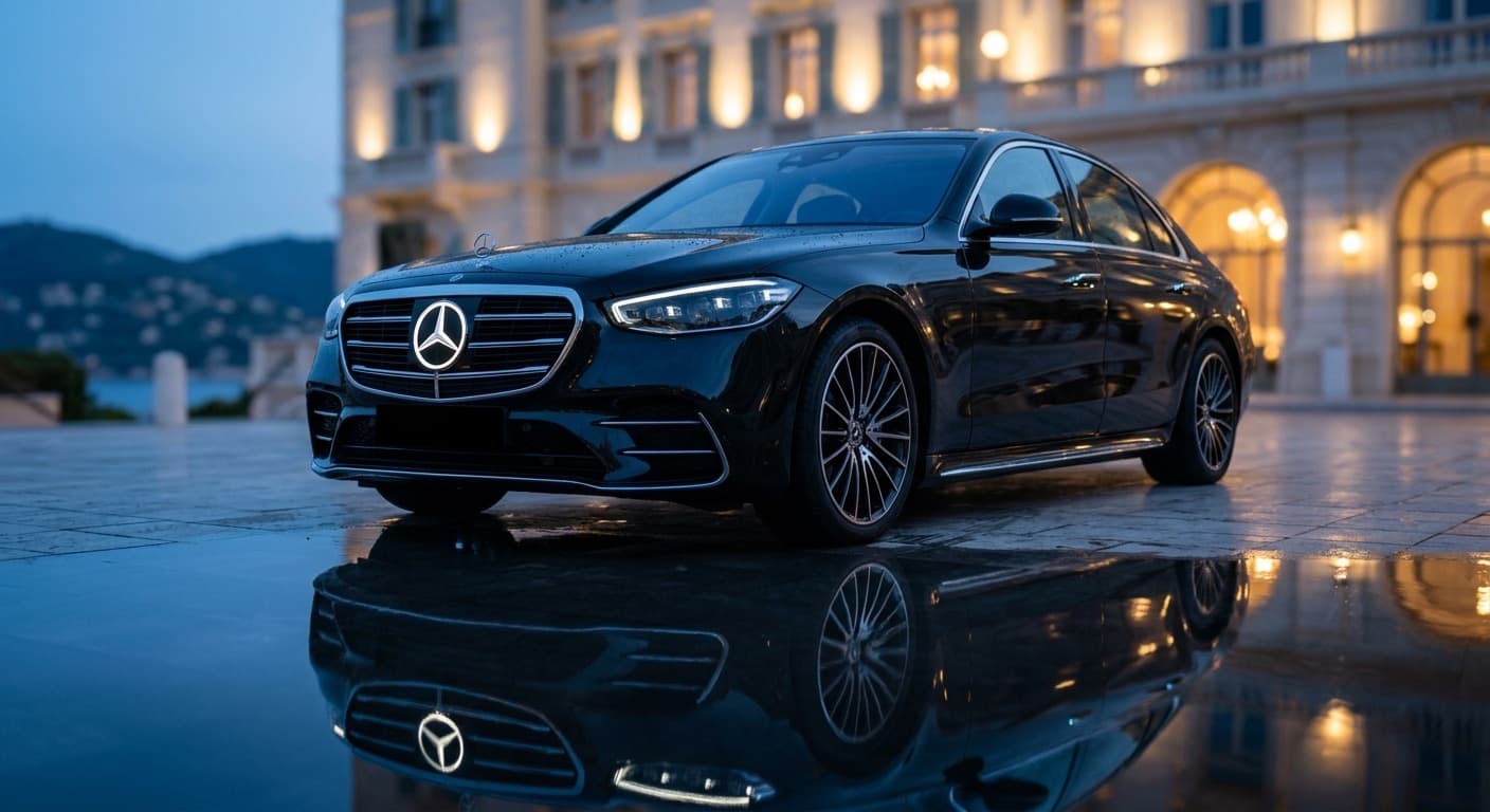 Black Mercedes S-Class on the forecourt of a French Riviera palace hotel at dusk