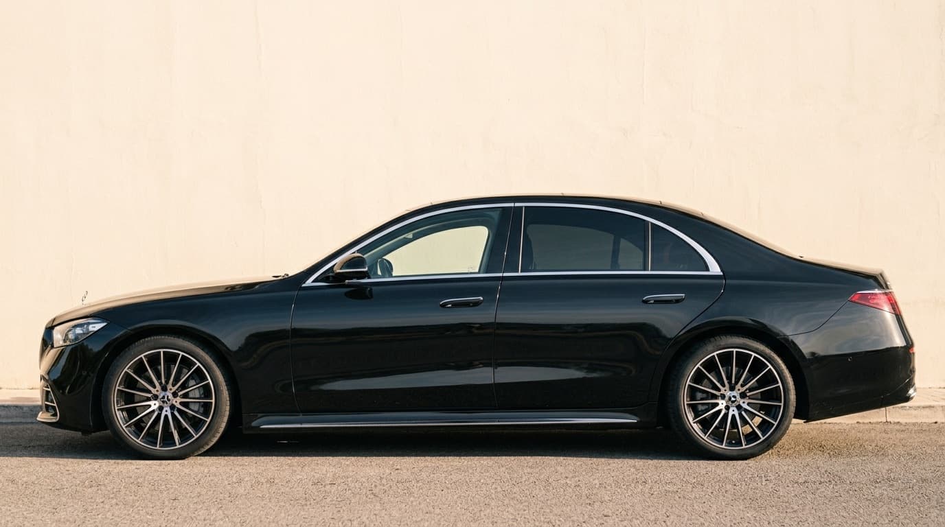 Black Mercedes S-Class seen in profile