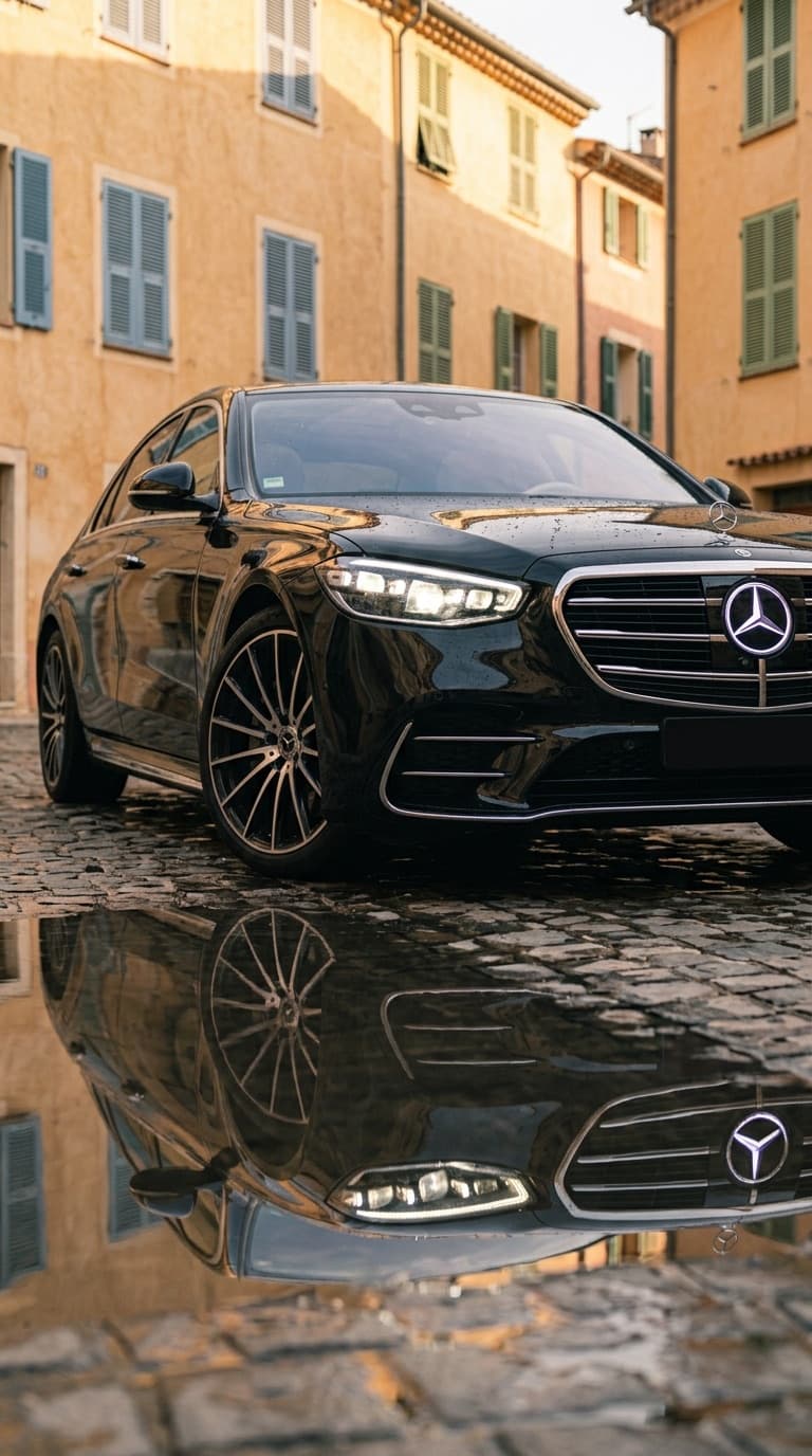 Black Mercedes S-Class in the lane of a Provençal village