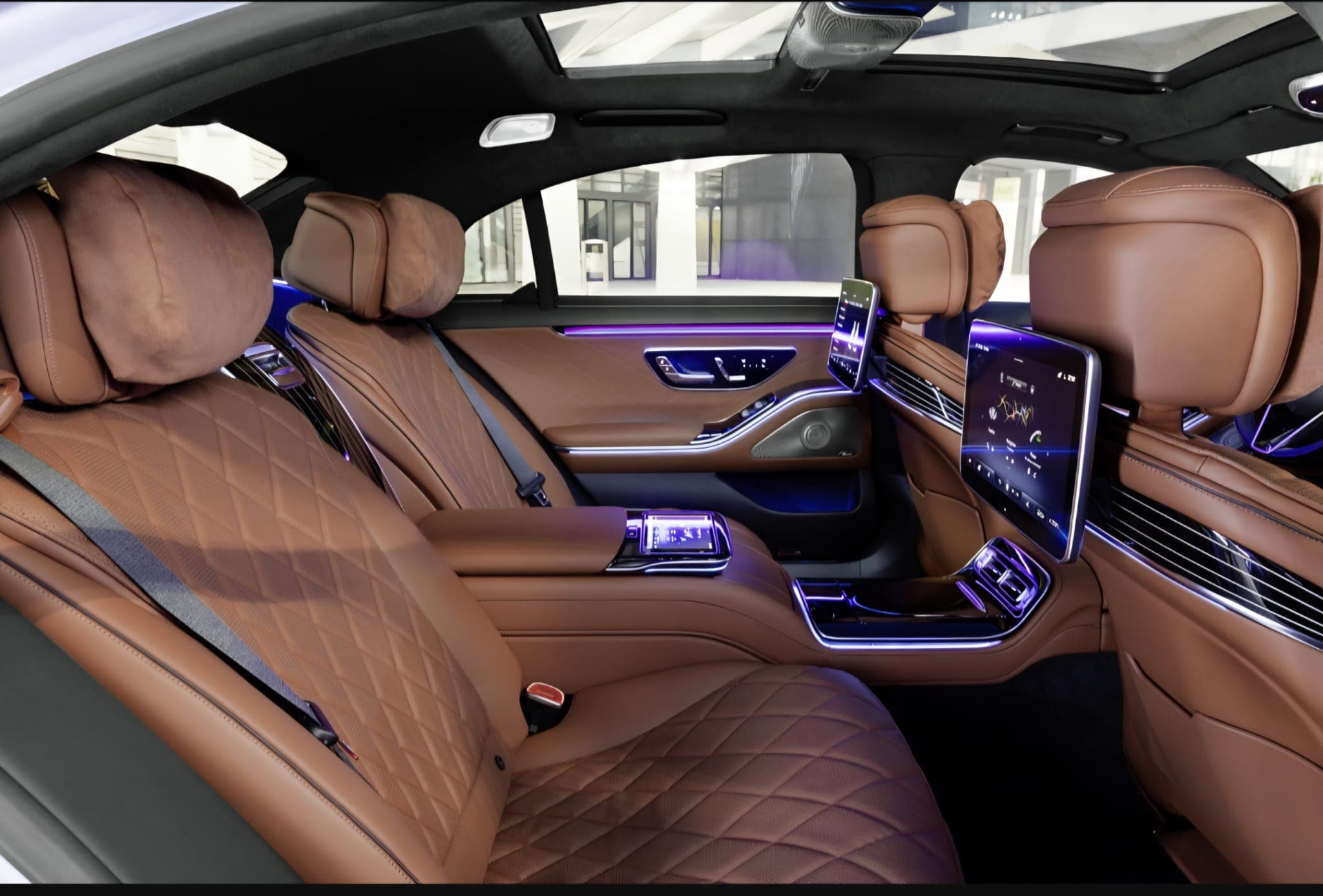 Cognac leather interior of a Mercedes S-Class