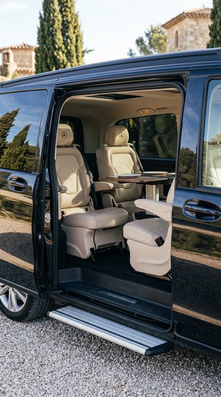 Beige leather seats of a Mercedes V-Class van, side door open