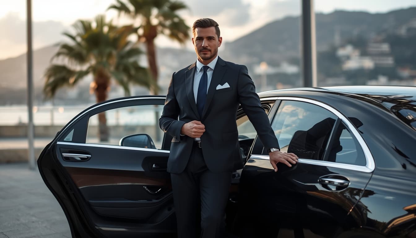 A client adjusting his tie in the back seat of the car