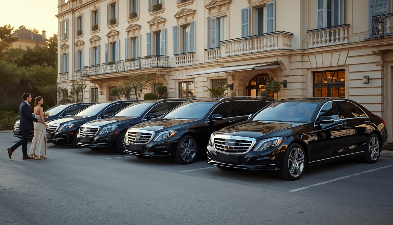 ID Limousine Mercedes fleet lined up in a palace hotel courtyard